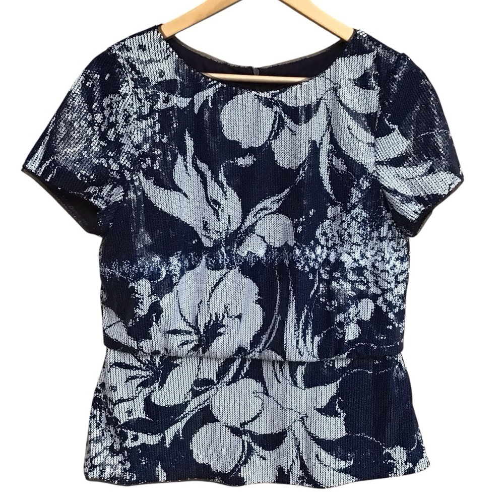 Adrianna Papell Midnight Blue Sequined Floral Peplum Blouse Size 10 - Picture 4 of 10
